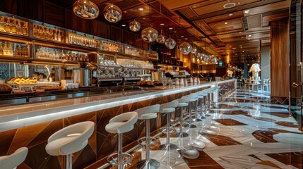 At a chic chocolate bar, a sleek counter adorned with stools invites patrons to indulge in sweet delights.