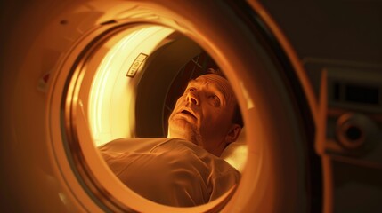 A worried middle-aged man lies still during a claustrophobic MRI scanning procedure.
