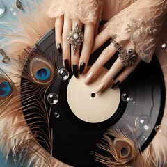 A woman's hand in luxury jewelry holds an old retro vinyl record. Glamorous vintage boho style generative ai