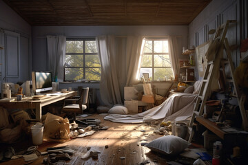 Mess in the room, room abandoned by people. Abandoned room, chaos in the room, home and house