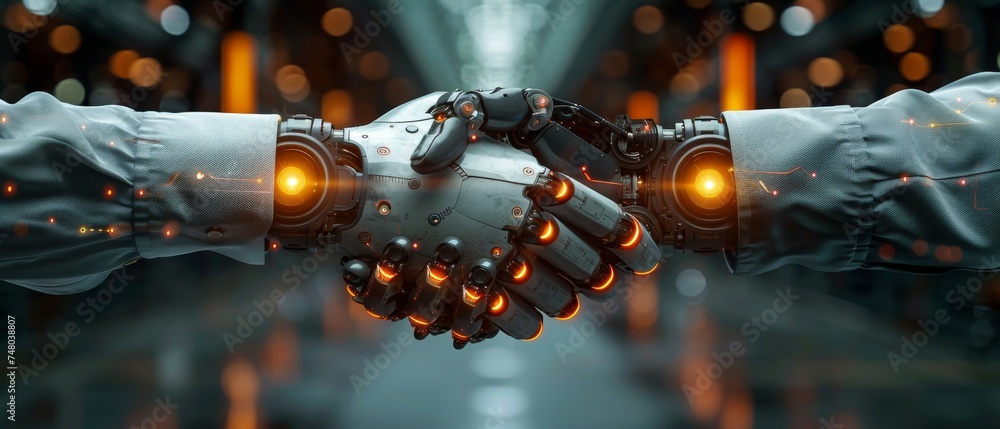 Poster businessperson shaking hands with digital partner over futuristic background. artificial intelligenc