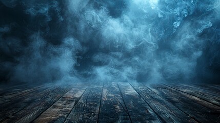 Smoke and mist on a wooden table - abstract Halloween background with a defocused effect
