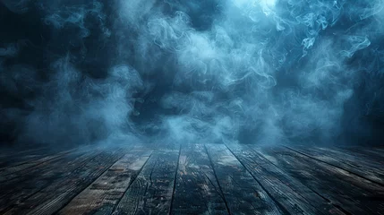 Fototapeten Smoke and mist on a wooden table - abstract Halloween background with a defocused effect © Zaleman