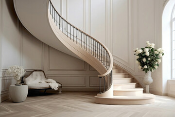 A symphony of textures unfolds in the gentle curves and clean lines of a beige staircase, echoing...