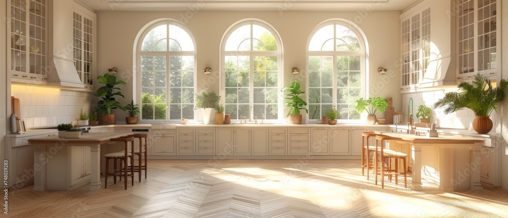Poster a 3d rendering of a bright kitchen with an empty wall. accessories for a catalog....
