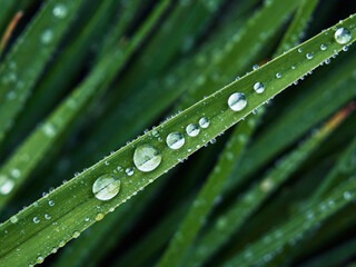 Raindrops glisten on the narrow leaves of the green grass, a beautiful natural abstract still life