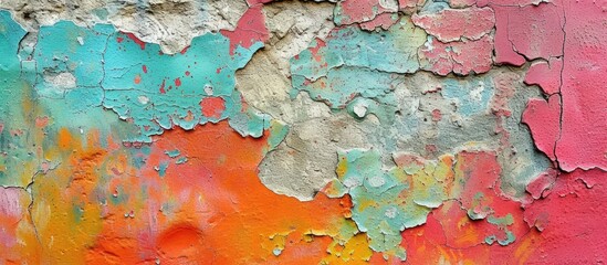 This image shows a close-up view of a wall with peeling paint, revealing the deteriorating state of the surface. The paint is chipping off in various places, highlighting the texture of the underlying