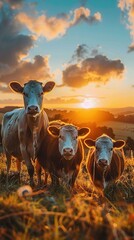 A family of farm animals enjoying a golden sunrise on the pasture, a testament to the simple beauty of rural life