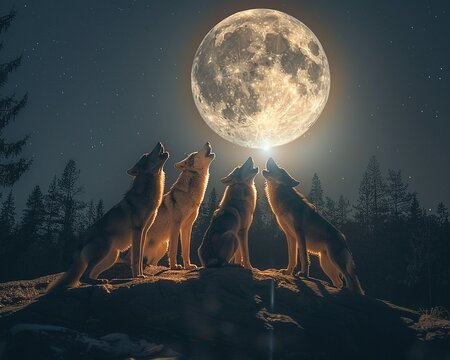 A pack of wolves howling under the full moon, a powerful image of communication and community in the wild