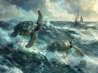 Ancient sea turtles navigating the ocean, symbolizing longevity and the mysteries of marine life