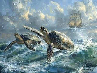 Obraz premium Ancient sea turtles navigating the ocean, symbolizing longevity and the mysteries of marine life