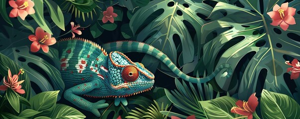 Artistic depiction of animal camouflage, blending chameleon among tropical leaves, highlighting nature's ingenuity - obrazy, fototapety, plakaty