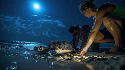 Conservationists tagging marine turtles on a moonlit beach, a hopeful action for the future of endangered species