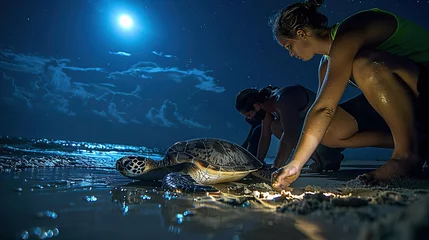 Foto op Plexiglas Conservationists tagging marine turtles on a moonlit beach, a hopeful action for the future of endangered species © stardadw007