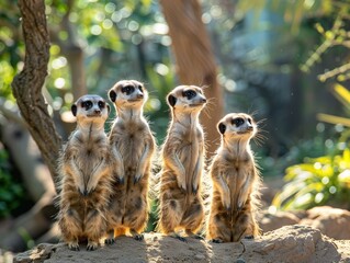 Obraz premium Curious meerkats standing guard, a snapshot of social behavior and vigilance in the animal kingdom