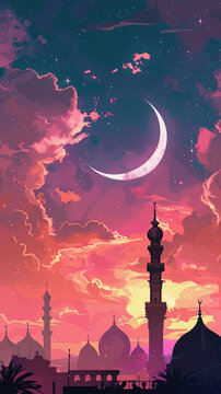 Ramadan is here, the crescent of ramadan in the sky, moon, the first of the month, city panorama