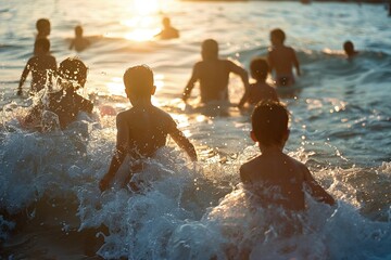 Documentary Photography of summer at the beach, capturing the dynamic interaction between people and the ocean during sunset