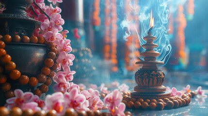 Smoking incense and meditation beads, Buddhism, Hinduism, religious spiritual atmosphere