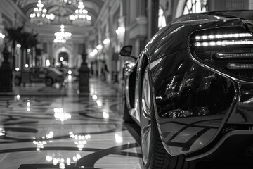 Documentary style photography capturing the essence of investment and wealth, focusing on luxury cars in an opulent setting