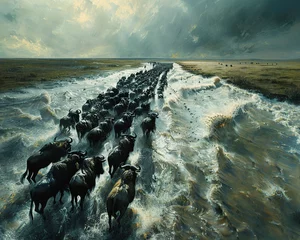 Fotobehang Dramatic portrayal of animal migration, vast herds moving across ancient landscapes, a testament to nature's wonder © stardadw007