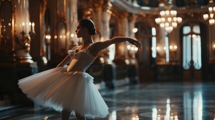 Ballerina in ballet tutu performing in opera lobby and practicing gymnastic movement. 