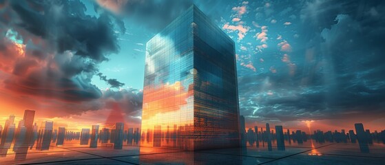 An angle view of high rise building with a dark steel window system reflecting clouds on glass. 3D rendering of future architecture.
