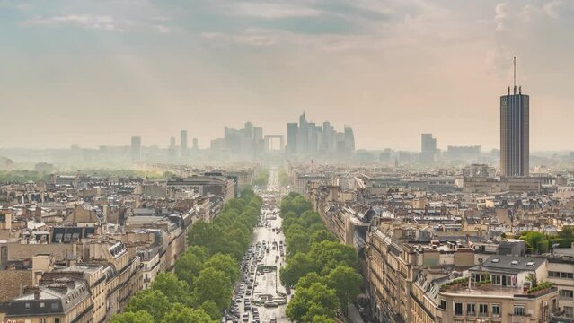 Paris France time lapse, high angle view city skyline at La Defense and Champs Elysees street