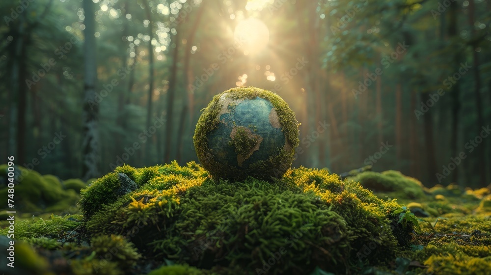 Poster environment - green globe with moss and abstract sunlight in forest