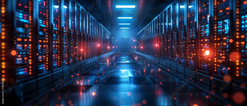 Poster An image of a corridor in a data center full of rack servers and supercomputers with an Internet visualization projector.