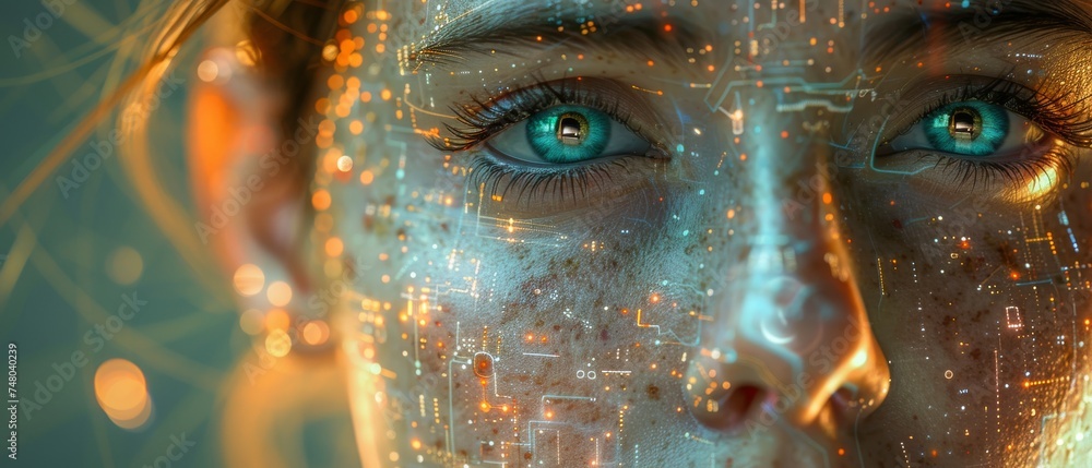 Aufkleber an artificial intelligence system, futuristic digital technology, robots and humans together, concep