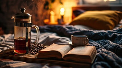 Coffee brewed in a French press and a cup on a wooden board - obrazy, fototapety, plakaty