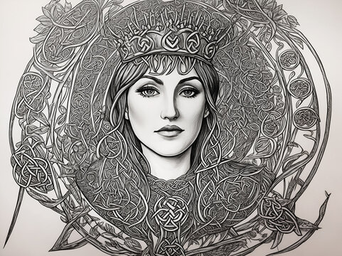 Dibujo a l&aacute;piz de un retrato de una mujer celta. AI Generativa