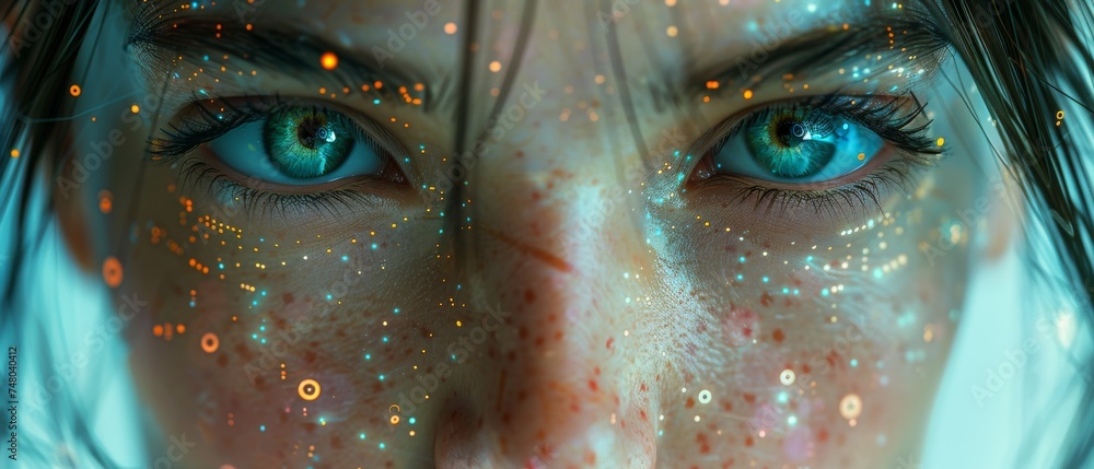 Aufkleber human and robot faces close up with artificial intelligence, digital smart world concept, super smar
