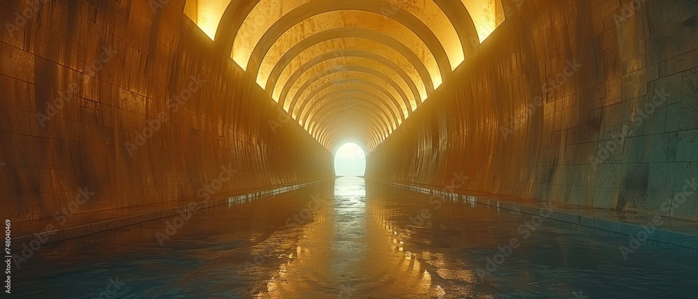 Poster architecture tunnel on an empty asphalt road with a 3d rendering.