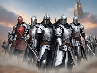 Grupo de guerreros con armadura y espada. Vista de frente. Ai Generativa - obrazy, fototapety, plakaty