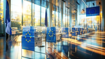 Row of EU voting booths with flags in a sunlit, contemporary hall. - obrazy, fototapety, plakaty