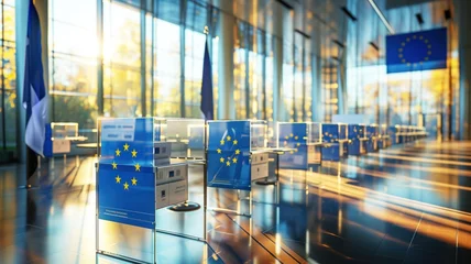 Deurstickers Row of EU voting booths with flags in a sunlit, contemporary hall. © ProstoSvet