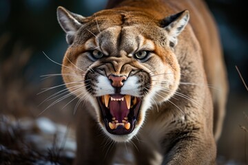Roaring cougar or mountain lion hunts its prey