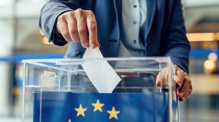Fototapeta na wymiar Hand casting a vote in an EU ballot box.