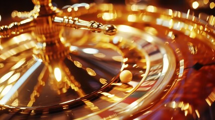 Close-up of a spinning golden roulette wheel in a casino with flying chips.