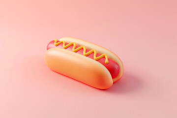 Classic hot dog with mustard, 3d render on pastel background. Abstract fast food, minimalist junk food concept. Traditional street fast food, hotdog, icon.