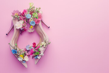 Woman shoes made of flowers on pink background with copy space. High-heeled shoes decorated with blooming flowers. Fashion and spring sale concept, minimal creative flat lay, summer footwear for woman