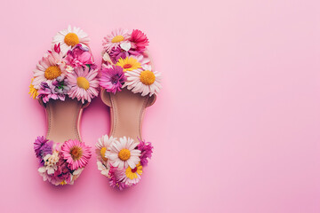 Woman shoes made of flowers on pink background with copy space. Sandals decorated with blooming flowers. Fashion and spring sale concept, minimal creative flat lay, summer footwear for woman