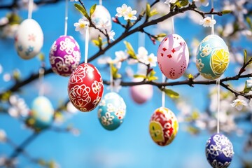 Colorful Easter eggs hanging on blooming tree branches outdoor in garden.