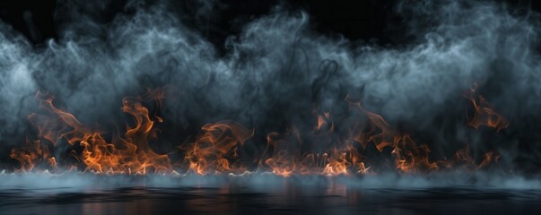 Subtle flames dance across a dark reflective surface, shrouded in billowing smoke against an...