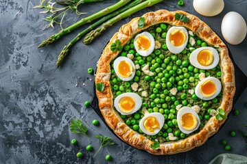 Fresh spring tart with green peas, boiled eggs and asparagus on puff pastry - obrazy, fototapety, plakaty