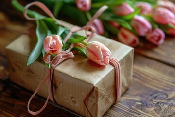 Gift with bow and tulips. Happy Valentines day and love decoration concept.