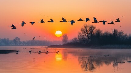 Obraz na płótnie Canvas Migratory birds over wetlands at sunrise, a spectacle of nature's rhythm and the beauty of flight