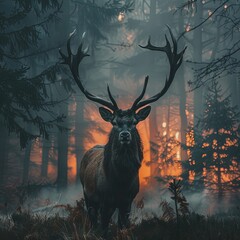Noble stag in misty forest at dawn, symbolizing wilderness and animal majesty in their natural habitat