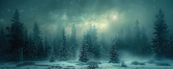 Northern lights over a snow-covered forest, a mystical backdrop for the nocturnal life of arctic animals  - obrazy, fototapety, plakaty